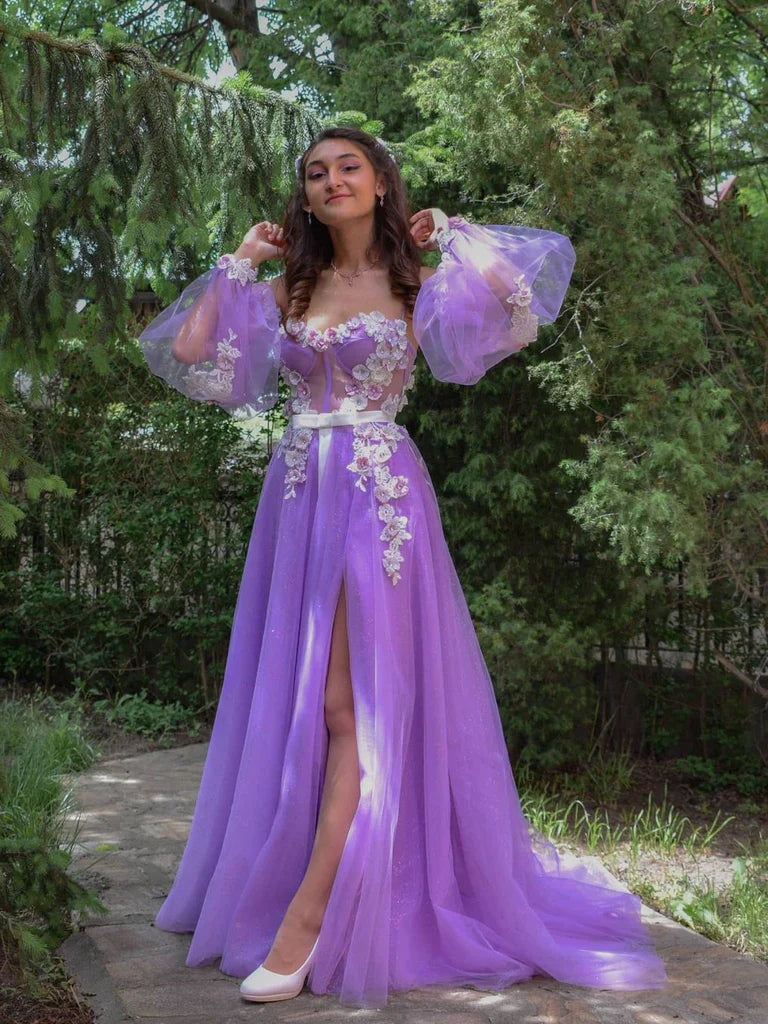 Vestidos formales para mujer, hermosos vestidos de fiesta de tul con flores, corte A, mangas largas, vestidos de fiesta, tienda de vestidos de fiesta
